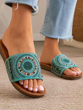 Aritzia Beaded Slide Sandals – Size 9 Boho Turquoise